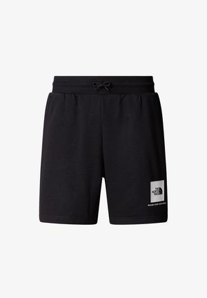Sorte atletiske shorts lavet af blød stof, med en elastisk talje og snørre samt et hvidt logo-lap på venstre lår.
