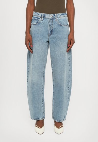 Jeans in denim azzurro chiaro a vita alta con un design a gamba ampia. Presentano un classico stile a cinque tasche e una leggera scoloritura.