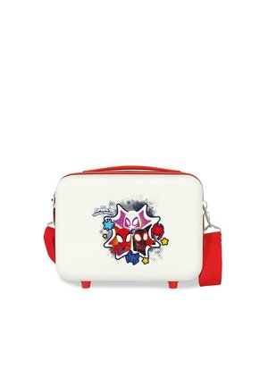 Bolsa rectangular blanca con bordes y correa rojos, con caras de dibujos animados de tres personajes de Spider-Man y el texto "Spider-Man Amazing Friends".