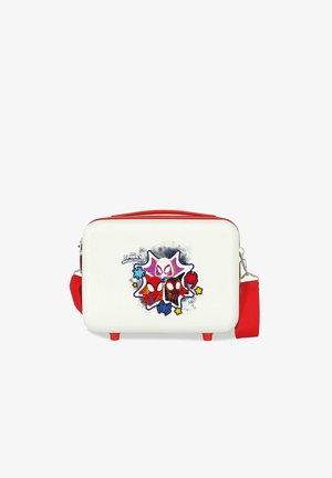 Bolsa rectangular blanca con bordes y correa rojos, con caras de dibujos animados de tres personajes de Spider-Man y el texto "Spider-Man Amazing Friends".