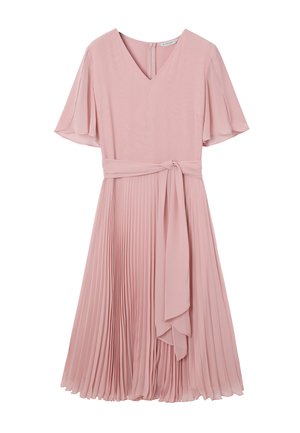 Lichtroze midi-jurk met V-hals, korte wapperende mouwen, taillering met strik en geplooide rok.
