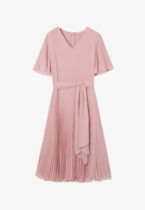 Lichtroze midi-jurk met V-hals, korte wapperende mouwen, taillering met strik en geplooide rok.