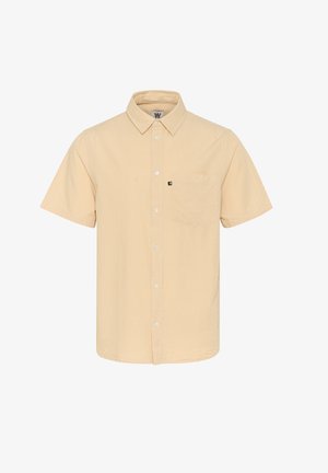 Chemise à manches courtes boutonnée en beige clair avec un motif à carreaux, dotée d'une poche poitrine unique et d'un col.