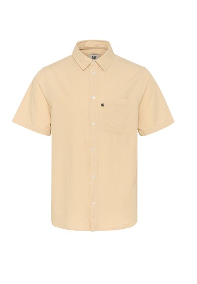 Chemise à manches courtes boutonnée en beige clair avec un motif à carreaux, dotée d'une poche poitrine unique et d'un col.