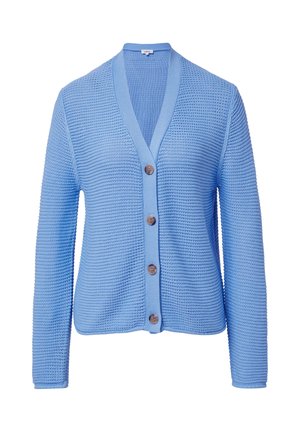 Jasnoniebieski sweter zapinany na guziki, z dekoltem w kształcie V i teksturowanym materiałem. Posiada ryflowane akcenty oraz pięć brązowych guzików.