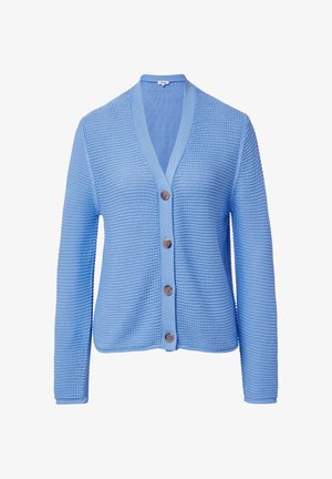 Jasnoniebieski sweter zapinany na guziki, z dekoltem w kształcie V i teksturowanym materiałem. Posiada ryflowane akcenty oraz pięć brązowych guzików.