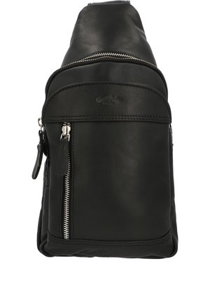 Zwarte leren schoudertas met voorvak met rits, hoofdvak met rits en verstelbare riem.