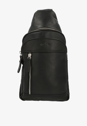 Melnas ādas soma ar plecu siksnu, priekšpusē rāvējslēdzēja kabata, galvenā nodalījuma rāvējslēdzējs un regulējama siksna.