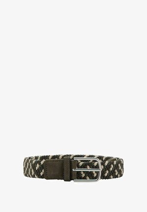 Woven fabric belt in olive green, beige, and dark brown tones. Features a silver-tone metal buckle and a textured suede leather accent.