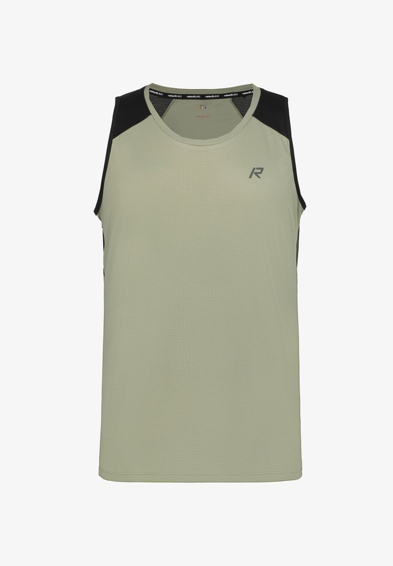 Vaaleanvihreä hihaton urheilullinen tanktoppi, jossa on teksturoitu kangas, mustat yksityiskohdat olkapäissä ja pieni logo edessä.