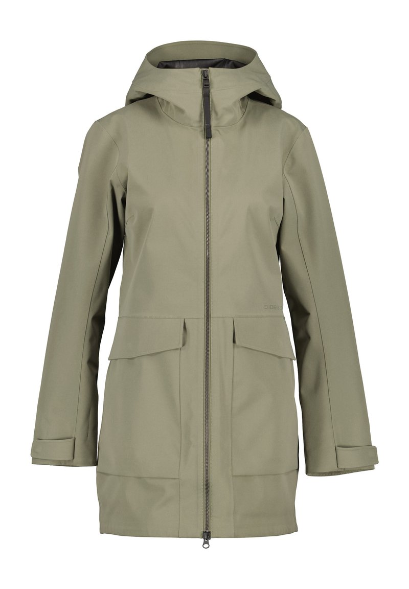 Hellolivgrüne, wasserdichte Jacke mit Reißverschluss, verstellbarem Kapuzen, zwei großen Fronttaschen und Manschettenriemen. Glattes, strapazierfähiges Gewebe.
