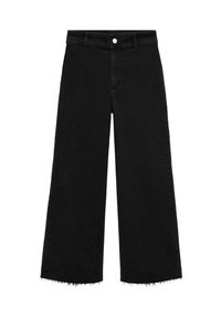 High-waisted, wide-leg black denim jeans with a raw hem. Features a classic five-pocket design and silver button closure.
