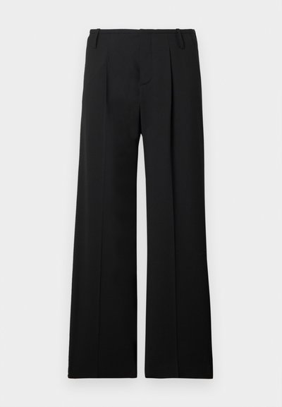 Black wide-leg trousers with a smooth texture, featuring a front pleat and belt loops, designed for a tailored fit.