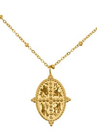 Collana con pendente in oro a forma ovale, caratterizzata da una superficie testurizzata, accenti di perline decorative e un design centrale a croce, il tutto su una catenina.