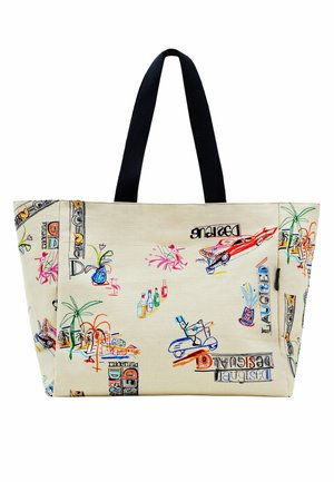 Sac cabas beige avec des poignées noires, présentant des croquis colorés de voitures, scooters, palmiers, bouteilles et motifs abstraits.