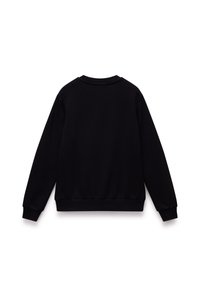 Czarny sweter, mieszanka bawełny, okrągły dekolt, długie rękawy, ściągacze przy rękawach i u dołu, gładka tekstura, minimalistyczny design.