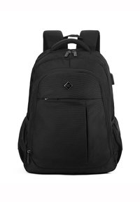 Sac à dos noir en tissu durable, doté d'un compartiment principal spacieux, d'une poche avant, de poches latérales en mesh et de bretelles rembourrées.