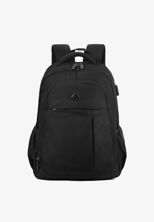 Zaino nero realizzato in tessuto resistente, con un ampio scomparto principale, tasca frontale, tasche laterali in rete e spallacci imbottiti.