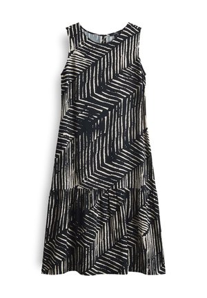 Sleeveless black and cream patterned dress featuring zigzag stripes, a flared bottom, and a round neckline. Smooth fabric texture.