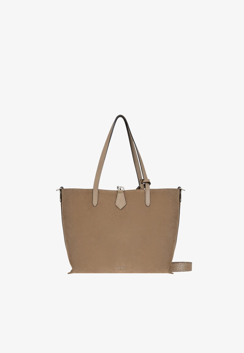 Sac cabas en cuir taupe avec doubles bretelles, petite étiquette suspendue et fine bandoulière amovible.