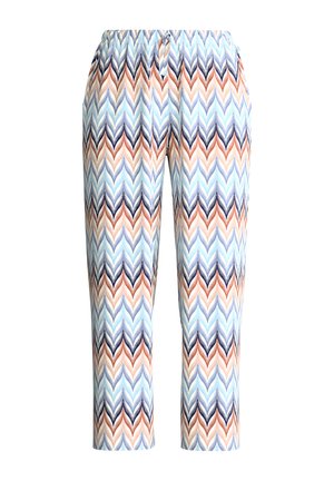 Rechte broek met een zigzag-chevronpatroon in blauw-, oranje- en wittonen, voorzien van een elastische tailleband en een strik aan de voorkant.
