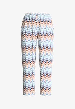 Rechte broek met een zigzag-chevronpatroon in blauw-, oranje- en wittonen, voorzien van een elastische tailleband en een strik aan de voorkant.