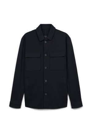 Schwarze Knopfjacket aus glattem Stoff, mit einem spitzen Kragen, zwei Taschen vorne und blauen Knöpfen entlang der Vorderseite.