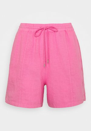 Rosa linneshorts med elastisk midja och snörning, med en avslappnad passform, frontveck och sidofickor.