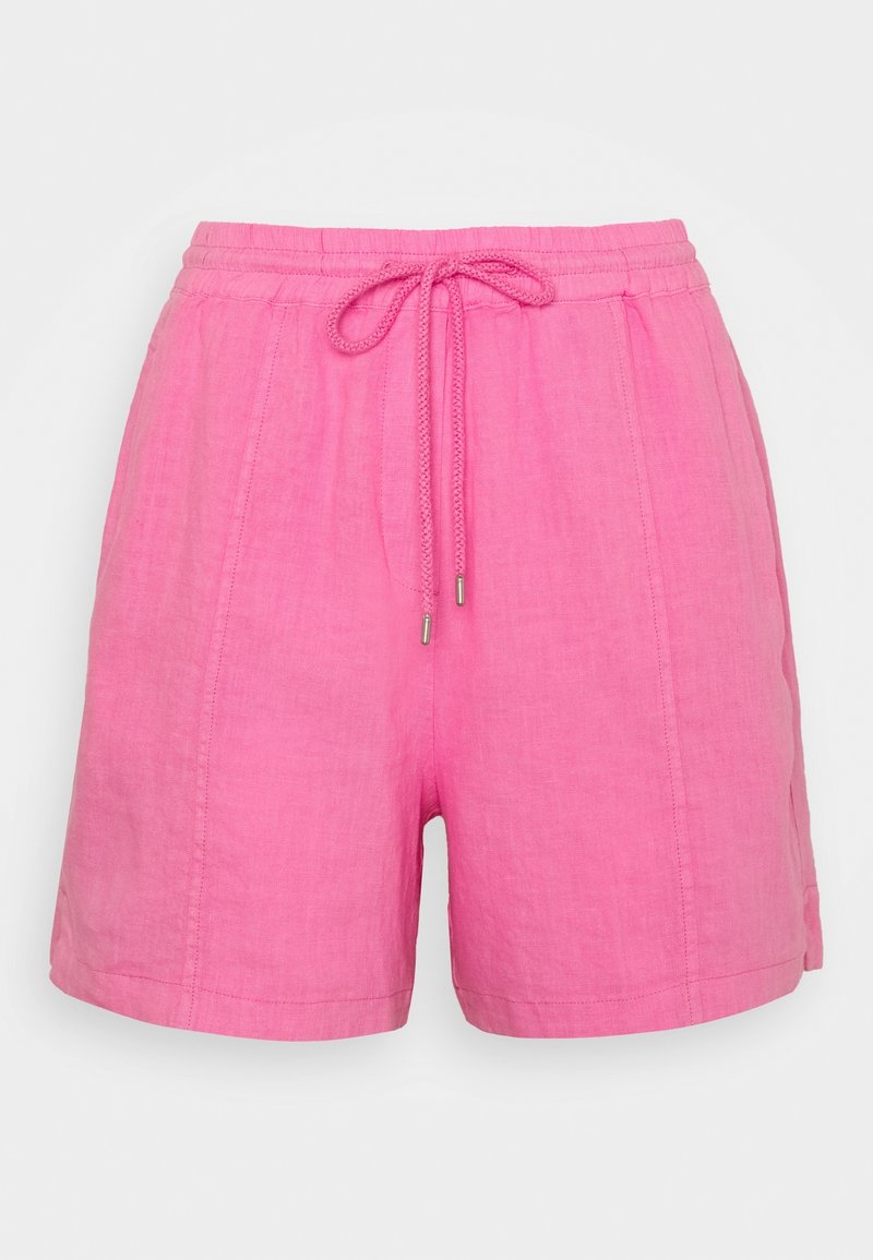 Shorts de lino rosa con cinturilla elástica y cordón de ajuste, que presentan un corte relajado, pliegues frontales y bolsillos en las costuras laterales.
