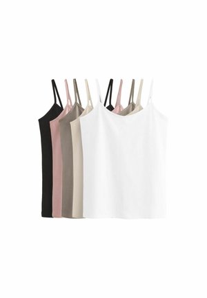 Six camisoles in varying shades: black, pink, beige, brown, and white, featuring thin straps and a smooth, lightweight fabric.