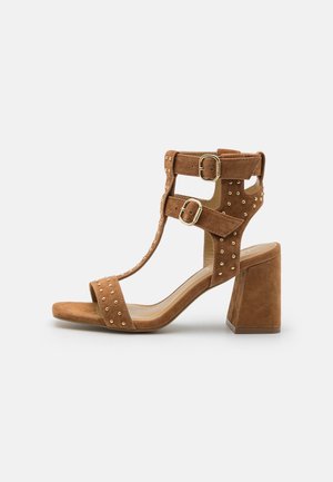 Braune Wildleder-Sandale mit hohem Blockabsatz, zwei verstellbaren Knöchelriemen mit goldenen Schnallen und kleinen goldfarbenen Nieten als Verzierung.