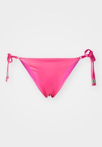 Pink bikini bottom made of smooth fabric, featuring side ties with decorative beads and contrasting side panels. Simple, minimalist design.