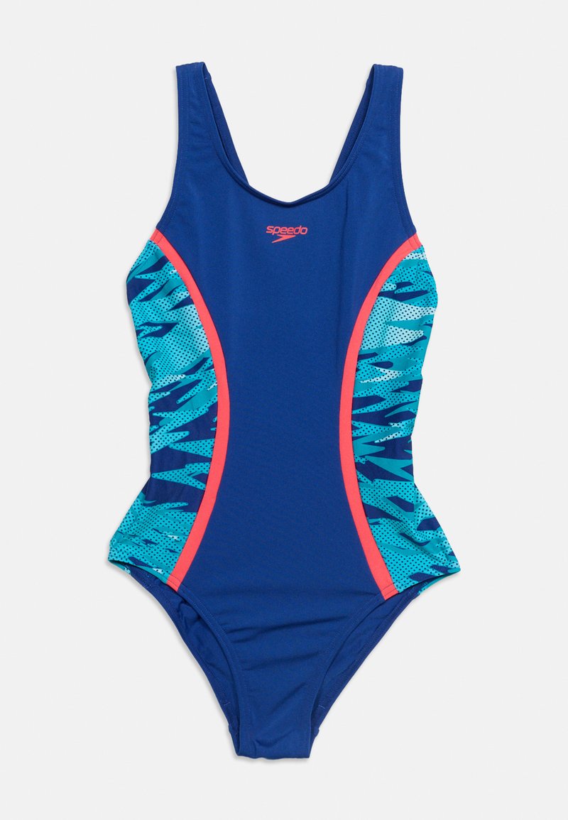 Maillot de bain une pièce bleu Speedo avec des panneaux latéraux à motifs bleu sarcelle et bleu foncé et des rayures verticales corail vif.