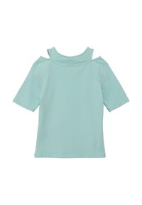 Mintgroene t-shirt met korte mouwen, gemaakt van zachte katoen, met een hoge hals en een uitsnijding op de schouder. Gladde textuur en casual pasvorm.
