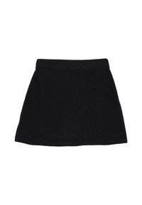 Gonna nera con design a campana, realizzata in tessuto morbido, con piccole percentuali di argento sparse su tutta la superficie. Vita elastica per una maggiore comodità.