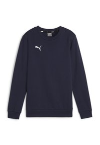 Felpa blu navy con maniche lunghe, realizzata in tessuto morbido. Presenta un logo Puma bianco sul petto e un colletto e polsini a coste.