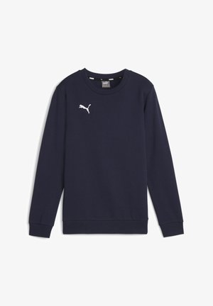 Felpa blu navy con maniche lunghe, realizzata in tessuto morbido. Presenta un logo Puma bianco sul petto e un colletto e polsini a coste.