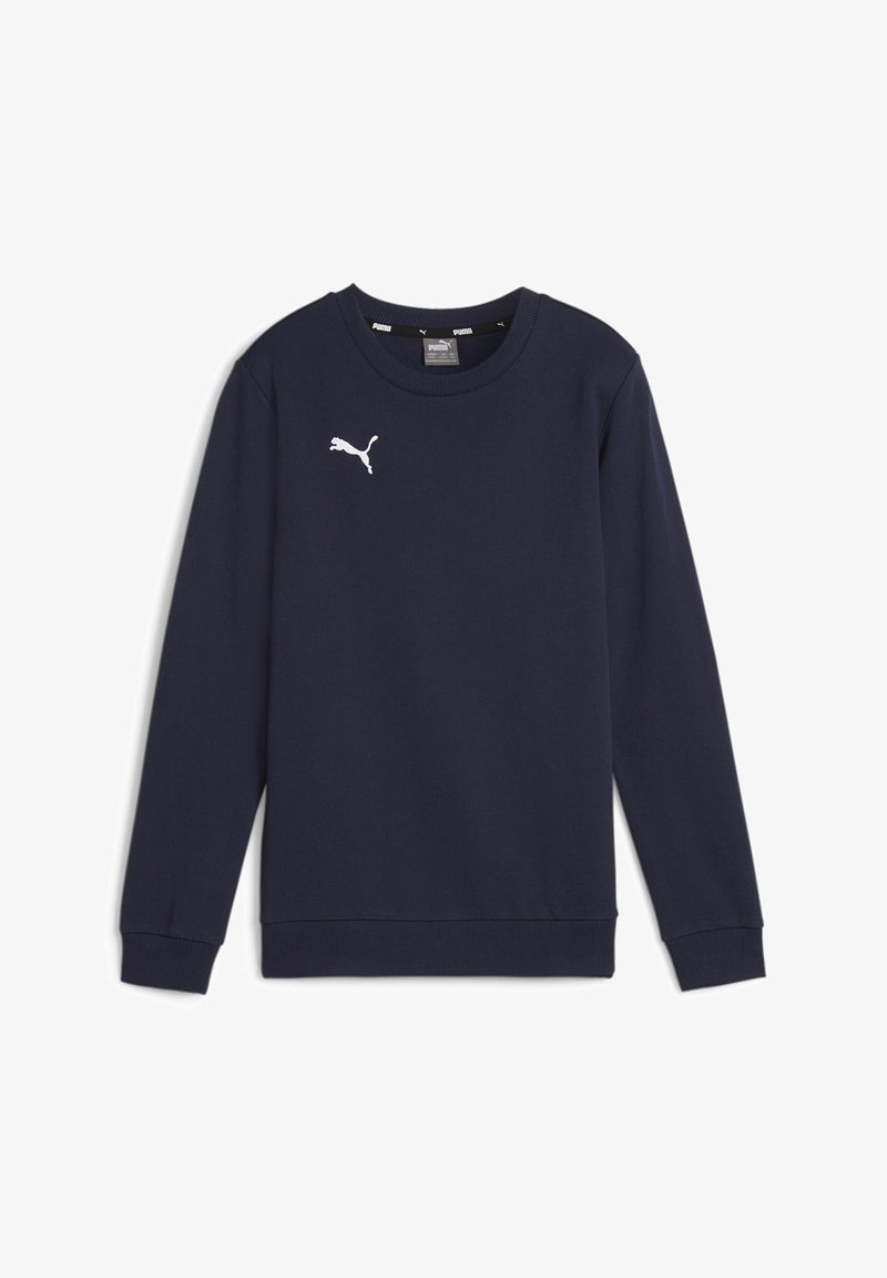Felpa blu navy con maniche lunghe, realizzata in tessuto morbido. Presenta un logo Puma bianco sul petto e un colletto e polsini a coste.