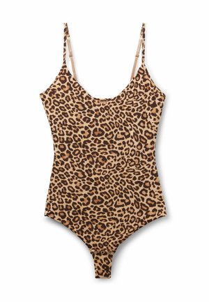 Animal print one-piece swimsuit featuring a tan background with dark brown leopard spots, slim shoulder straps, and a scoop neckline.