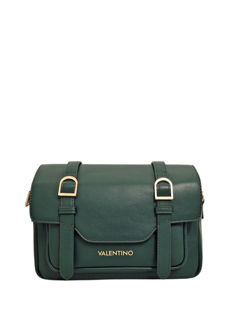 Borsa a mano in pelle verde dal design strutturato, con due cinturini con fibbia e dettagli in metallo dorato. Sul davanti è presente un logo del marchio impresso a rilievo.