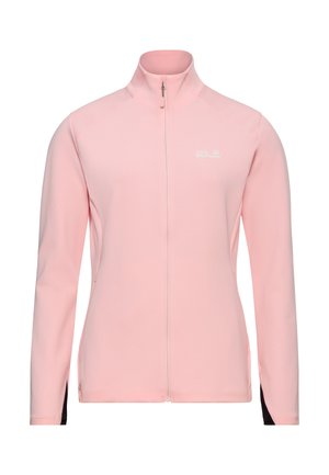 Lichtroze jas met ritssluiting en hoge kraag, gemaakt van een gestructureerde stof, met zwarte accenten op de mouwen. Heeft een subtiel logo op de borst.