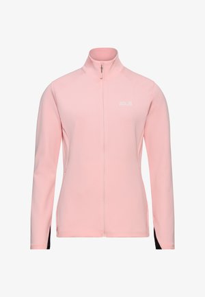 Lichtroze jas met ritssluiting en hoge kraag, gemaakt van een gestructureerde stof, met zwarte accenten op de mouwen. Heeft een subtiel logo op de borst.