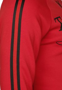 Röd sweatshirt med svarta och röda randade accenter längs ärmarna, tillverkad av mjukt, texturerat tyg med en figurnära design.