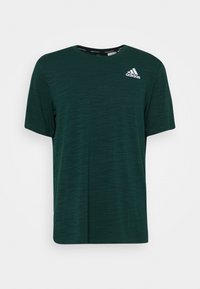 Dark green Adidas short-sleeve training t-shirt with crew neck and small white Adidas logo on the left chest.