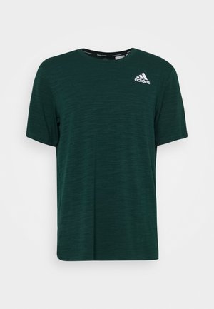 Mørkegrøn Adidas trænings t-shirt med korte ærmer, rund hals og lille hvid Adidas-logo på venstre bryst.