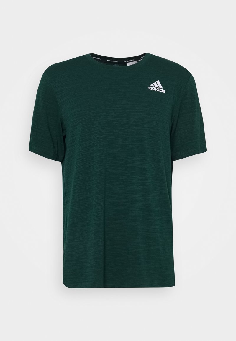 Dark green Adidas short-sleeve training t-shirt with crew neck and small white Adidas logo on the left chest.