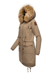 Beige parka with a faux fur-lined hood, zip and button closures, and drawstring waist. Features side pockets and textured fabric.