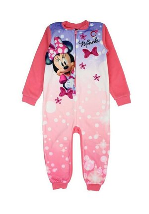 Tutina rosa a maniche lunghe, con grafica di Minnie Mouse, pois, dettagli floreali e chiusura a zip, realizzata in tessuto morbido.