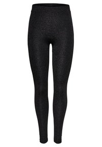 Svarta leggings gjorda av elastiskt material, med en slät yta och hög midja, utformade för en åtsittande passform utan synliga sömmar.