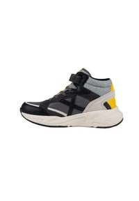 Zapatilla deportiva alta con parte superior negra, acentos de malla gris, detalle en el talón amarillo y suela beige. Cuenta con una correa de Velcro para un ajuste seguro.